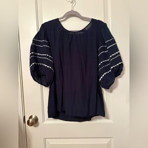 Sharagano Navy Blouse with Puff Sleeves